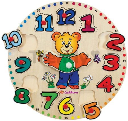 Drevené didaktické puzzle hodiny Teaching Clock Eichhorn 12 vkladacích čísiel od 24 mes