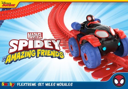 Flexibilná autodráha Spidey Marvel Flextreme Set Spin Morales Smoby s elektronickým autíčkom 184 dielov dráhy 4,40 m dĺžka s pavučinou od 4 rokov