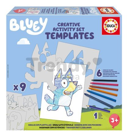 Kreatívne kreslenie Stencil Bluey Activity Set Educa vyfarbi si psíka Bluey so 6 farebnými voskovkami 8 rôznych modelov