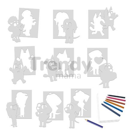 Kreatívne kreslenie Stencil Bluey Activity Set Educa vyfarbi si psíka Bluey so 6 farebnými voskovkami 8 rôznych modelov