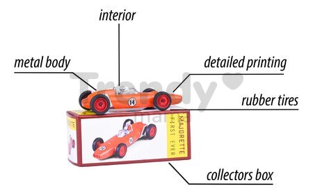 Autíčko Anniversary Edition First Ever Majorette kovové s gumenými kolieskami a zberateľským boxom dĺžka 7,5 cm 6 rôznych druhov