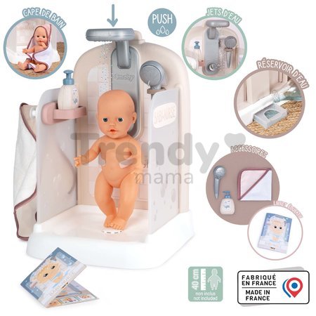 Kúpeľňa pre bábiky s funkčnou sprchou Shower Baby Nurse Smoby s odnímateľnou sprchovou hlavicou županom a náučnou brožúrkou