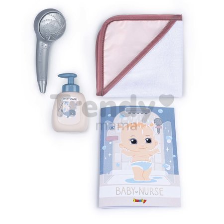 Kúpeľňa pre bábiky s funkčnou sprchou Shower Baby Nurse Smoby s odnímateľnou sprchovou hlavicou županom a náučnou brožúrkou