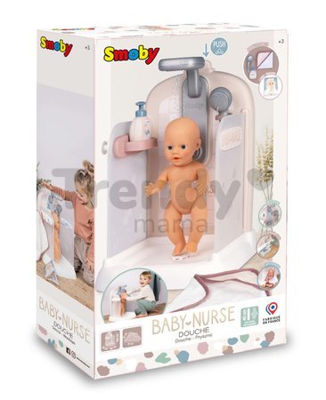 Kúpeľňa pre bábiky s funkčnou sprchou Shower Baby Nurse Smoby s odnímateľnou sprchovou hlavicou županom a náučnou brožúrkou