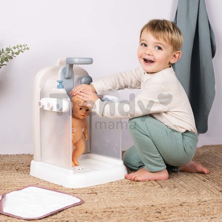 Kúpeľňa pre bábiky s funkčnou sprchou Shower Baby Nurse Smoby s odnímateľnou sprchovou hlavicou županom a náučnou brožúrkou