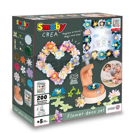 Kvetinárstvo s výrobou ozdobných kvetov Crea Deco Flowers Set Smoby 200 doplnkov s prístrojom na spájanie textilných lupienkov od 5 rokov