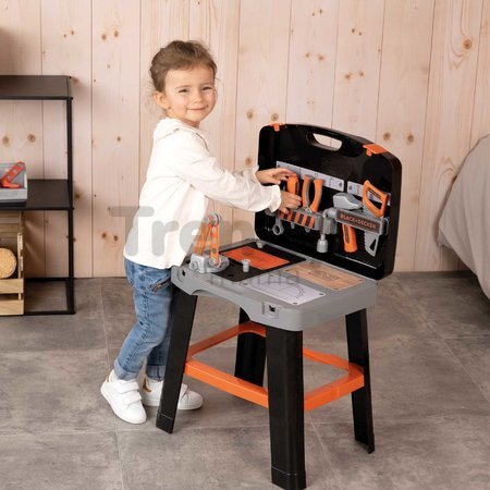 Pracovná dielňa v kufríku 2v1 Bricolo Smart Workbench Black&Decker Smoby rozkladací pracovný stôl s náradím 30 doplnkov