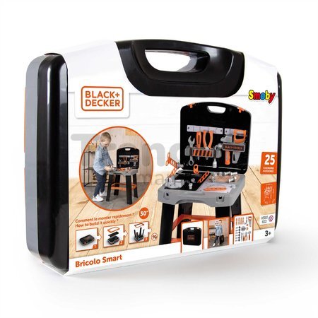 Pracovná dielňa v kufríku 2v1 Bricolo Smart Workbench Black&Decker Smoby rozkladací pracovný stôl s náradím 30 doplnkov