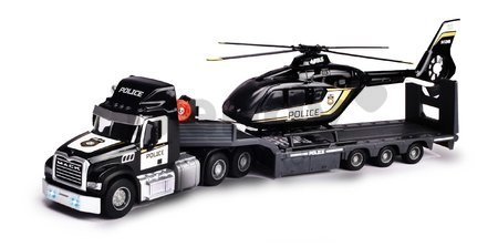 Ťahač s prívesom a policajná helikoptéra Mack Truck Police Helicopter Majorette so zvukom a svetlom s gumenými kolieskami dĺžka 35 cm