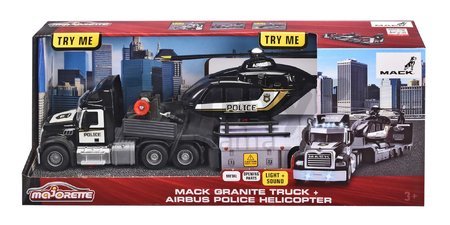 Ťahač s prívesom a policajná helikoptéra Mack Truck Police Helicopter Majorette so zvukom a svetlom s gumenými kolieskami dĺžka 35 cm