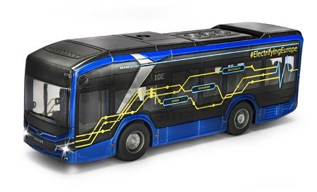 Autobus MAN Lion´s City 10 E Bus Majorette so zvukom a svetlom s gumenými kolieskami a otvárateľné dvere dĺžka 22,5 cm