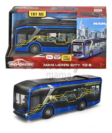 Autobus MAN Lion´s City 10 E Bus Majorette so zvukom a svetlom s gumenými kolieskami a otvárateľné dvere dĺžka 22,5 cm