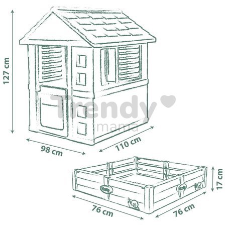 Domček s pieskoviskom a záhradkou 2v1 Square Playhouse Life Smoby 3 okná s 2 žalúziami a okenicami s UV filtrom od 24 mes - model 2025