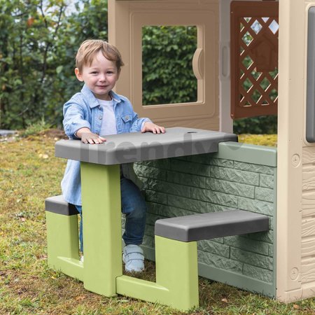 Piknik stôl s dvoma lavicami k domčekom Picnic Table Life Smoby s možnosťou upevnenia slnečníka s UV filtrom od 24 mes - model 2025