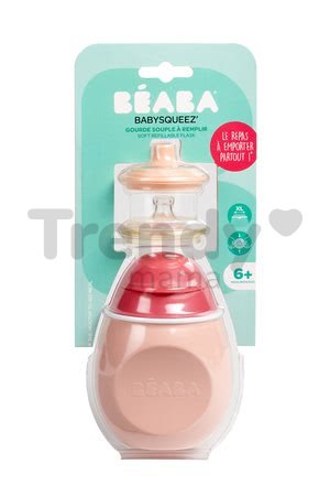 Flaštička s uzáverom BabySqueez' 2v1 pre kašičky Beaba silikónová 180 ml od 6 mesiacov ružová