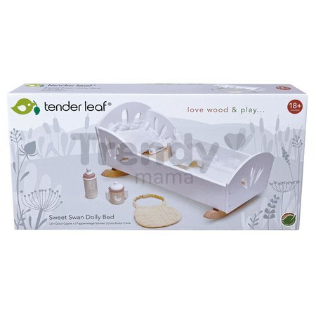 Drevená kolíska Labuť Sweet Dreams Dolly Bed Tender Leaf Toys pre 36 cm bábiku s textilným vankúšom a perinkou