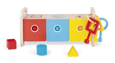 Drevená hračka na vkladanie a triedenie Montessori Shape Sorter Box Essentiel Janod s kľúčmi od 18 mes J05065