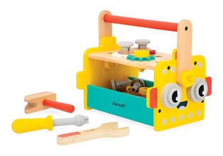 Drevené náradie a stavebnica Robot Tool Box BricoKids Janod v prenosnom boxe 30 dielov J06455