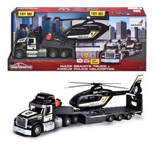 Ťahač s prívesom a policajná helikoptéra Mack Truck Police Helicopter Majorette so zvukom a svetlom s gumenými kolieskami dĺžka 35 cm