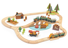 Fa vonatpálya fenyves erdőben Wild Pines Train set Tender Leaf Toys vonattal és munkagépekkel állatkákkal és természettel